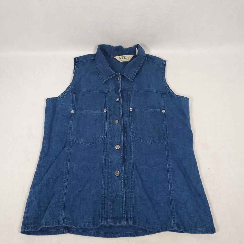 LL Bean Women's Sz S 100% Linen Sleeveless Top Button Up Shirt Blue Collared